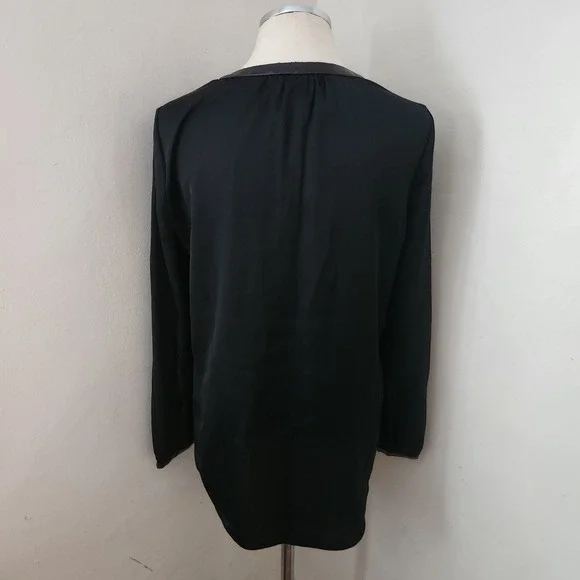 DKNY Black Satin Blouse with Faux Leather Trim Women's Size Small - Picture 2 of 5